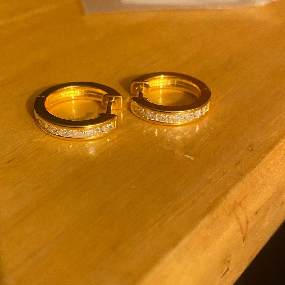 14k Gold over sterling silver, moissonite Hoop Earrings signed. - Picture 3 of 14